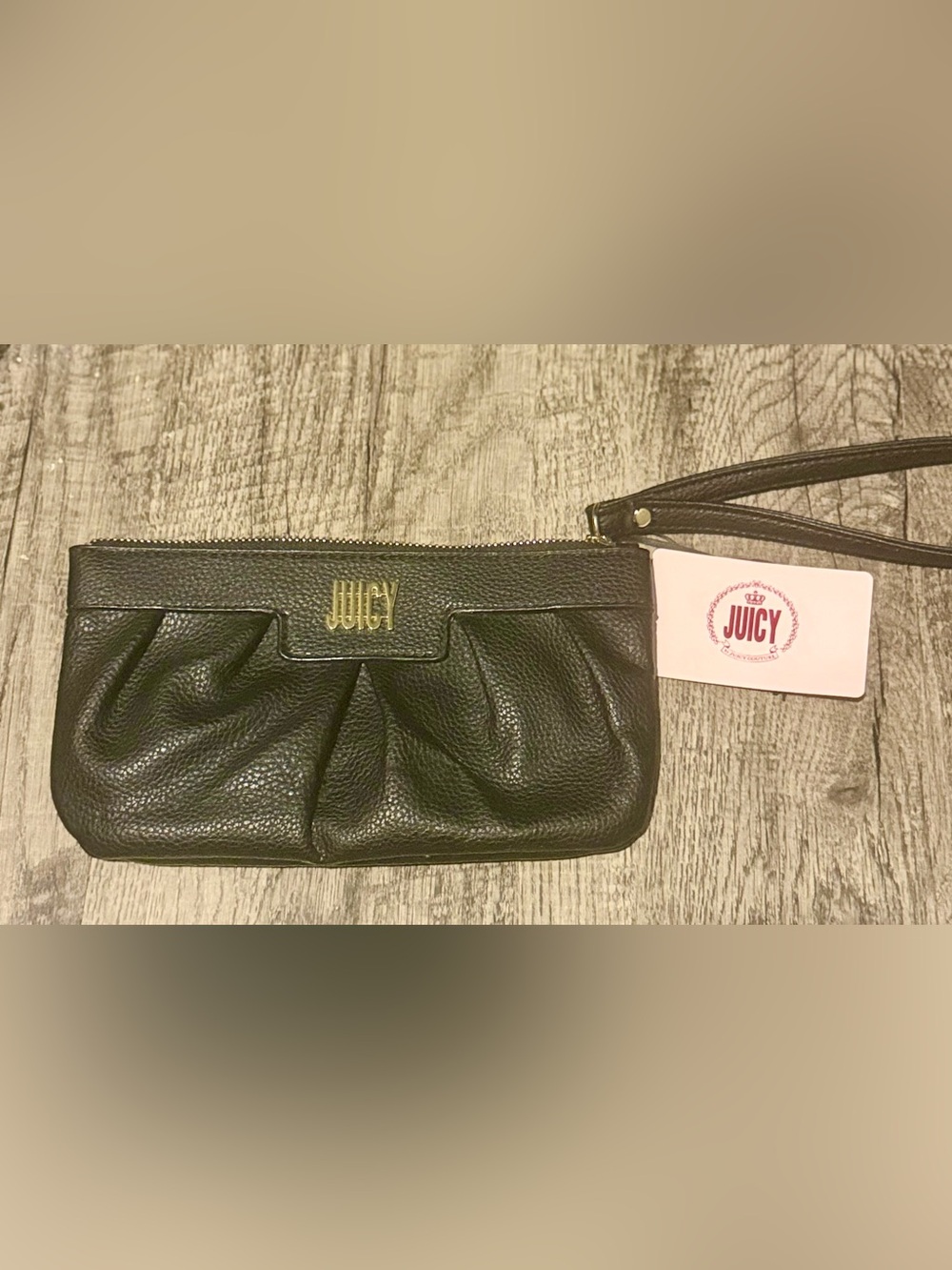Juicy Couture Black Pebbled Leather Wristlet Clutch with Gold Logo